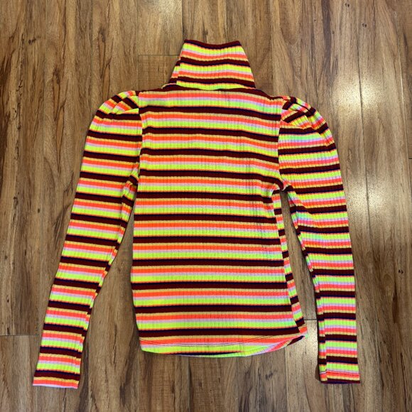 Anthropologie Maeve Neon Rainbow Bright Stripes Puff Sleeve Turtle Neck Medium - Picture 2 of 4
